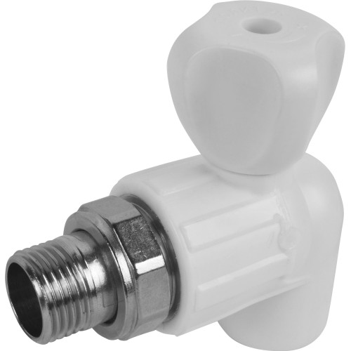 Кран полипропиленовый PP-R запорный угловой стандартнопроходной НР белый ручка-вентиль для радиатора Ру 10 Pro Aqua 20 мм 1/2" ГОСТ 32415-2013 в Екатеринбурге